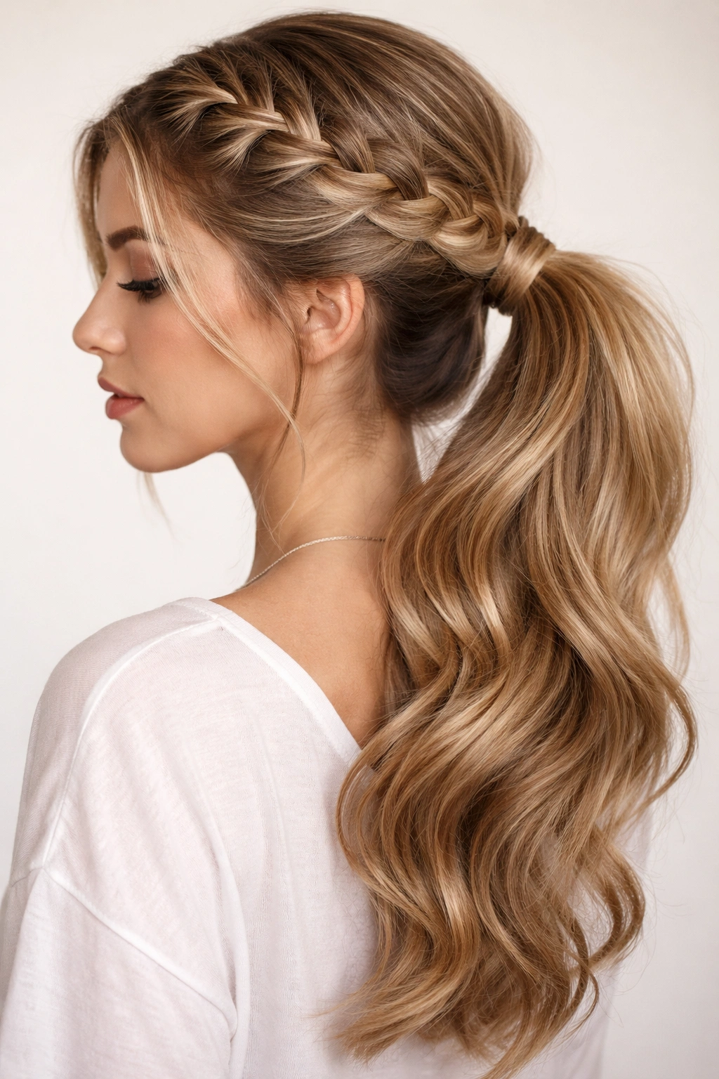 Asymmetrical side Dutch braid leading into a side ponytail