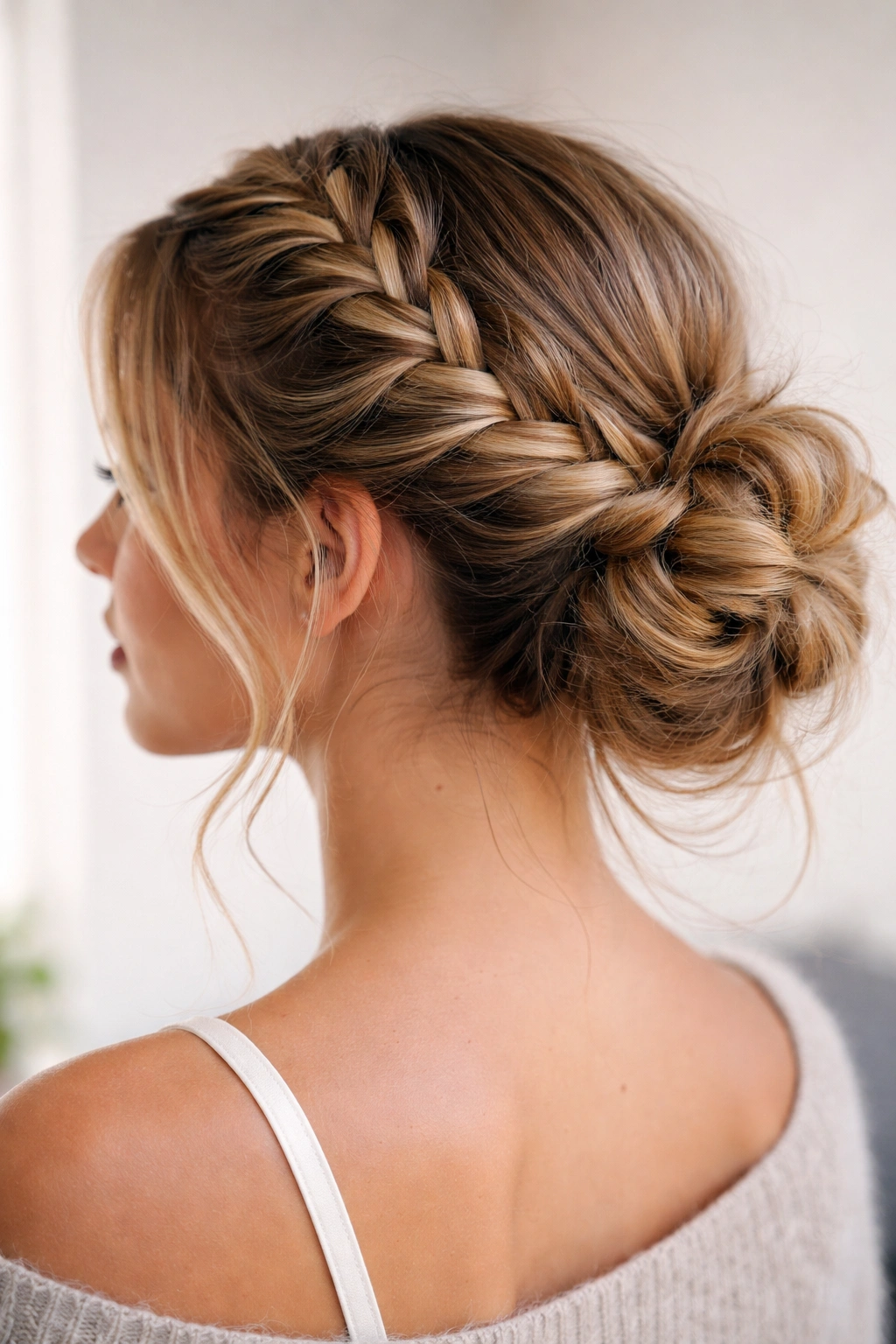 Side French braid wrapping around a loose messy bun