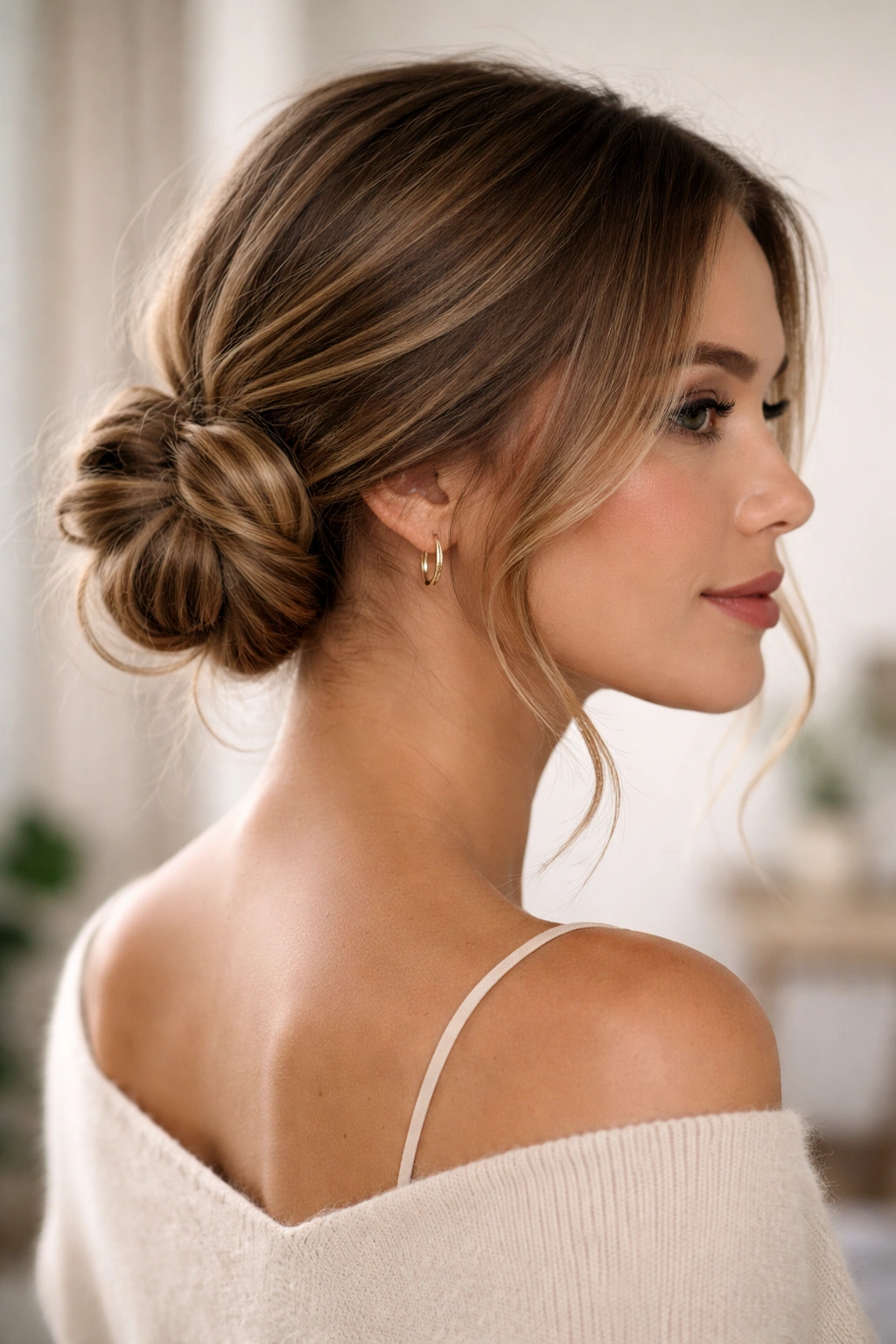 Side-knot low bun at the nape with asymmetrical silhouette