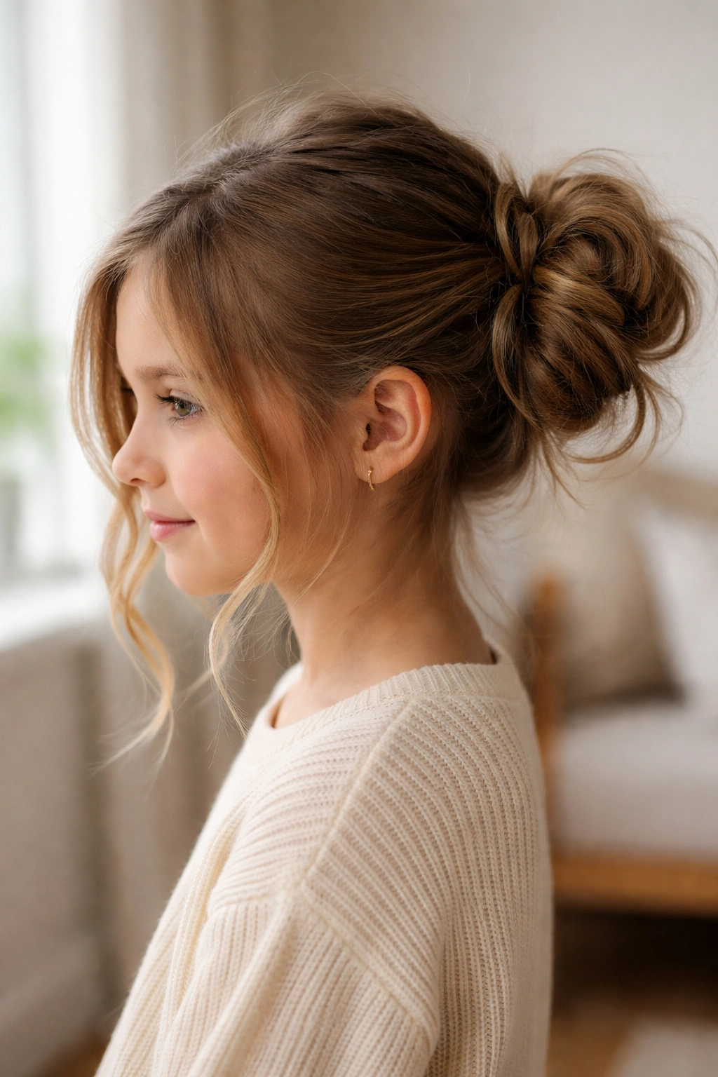 Side view of a child with an off-center messy bun and face-framing strands
