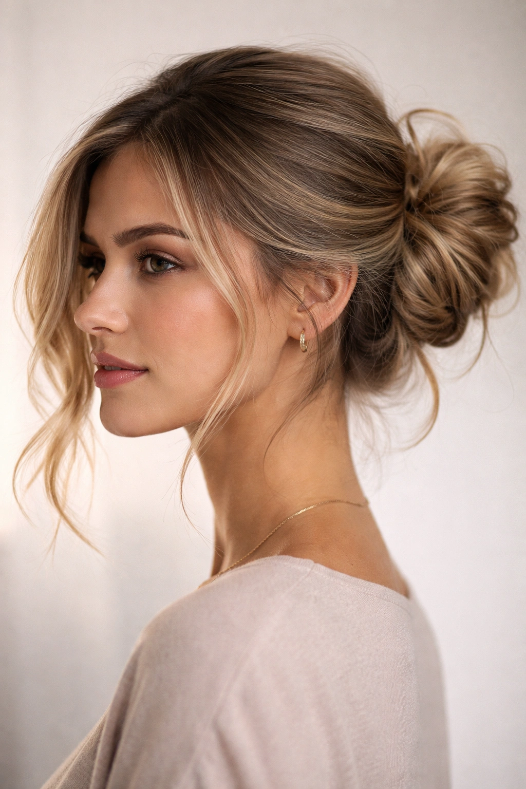 Close-up profile of a side-swept messy bun behind one ear with soft tendrils