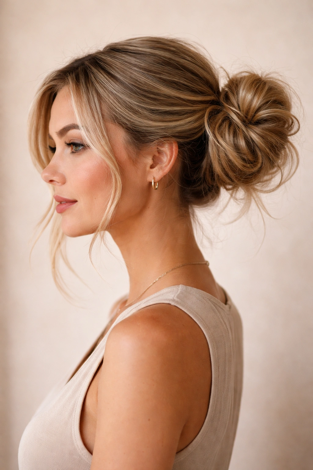 Side-swept messy bun viewed from the side