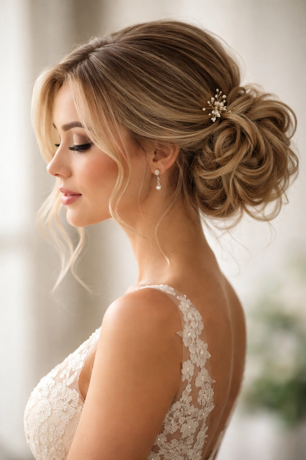 Close-up of a side messy bun with soft waves for a wedding look