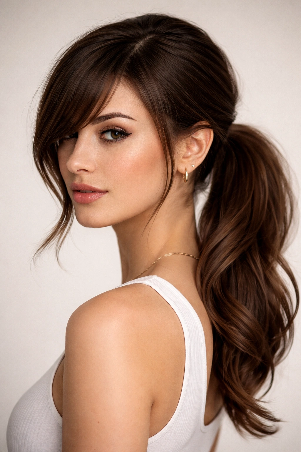 Side-part bangs with an asymmetrical low ponytail