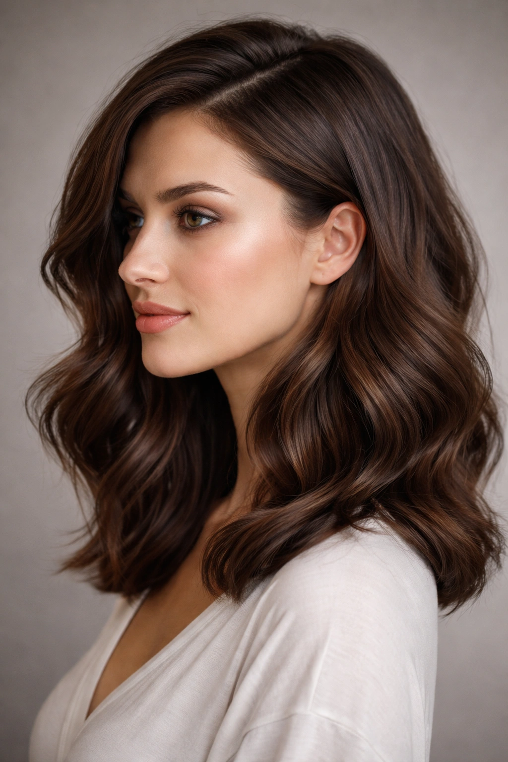 Shoulder-length brown hair with a deep side part and waves