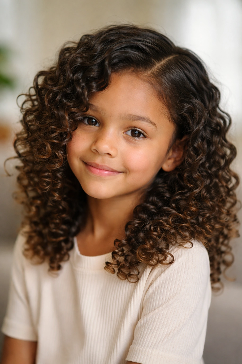 Child with a deep side part and cascading curls on both sides