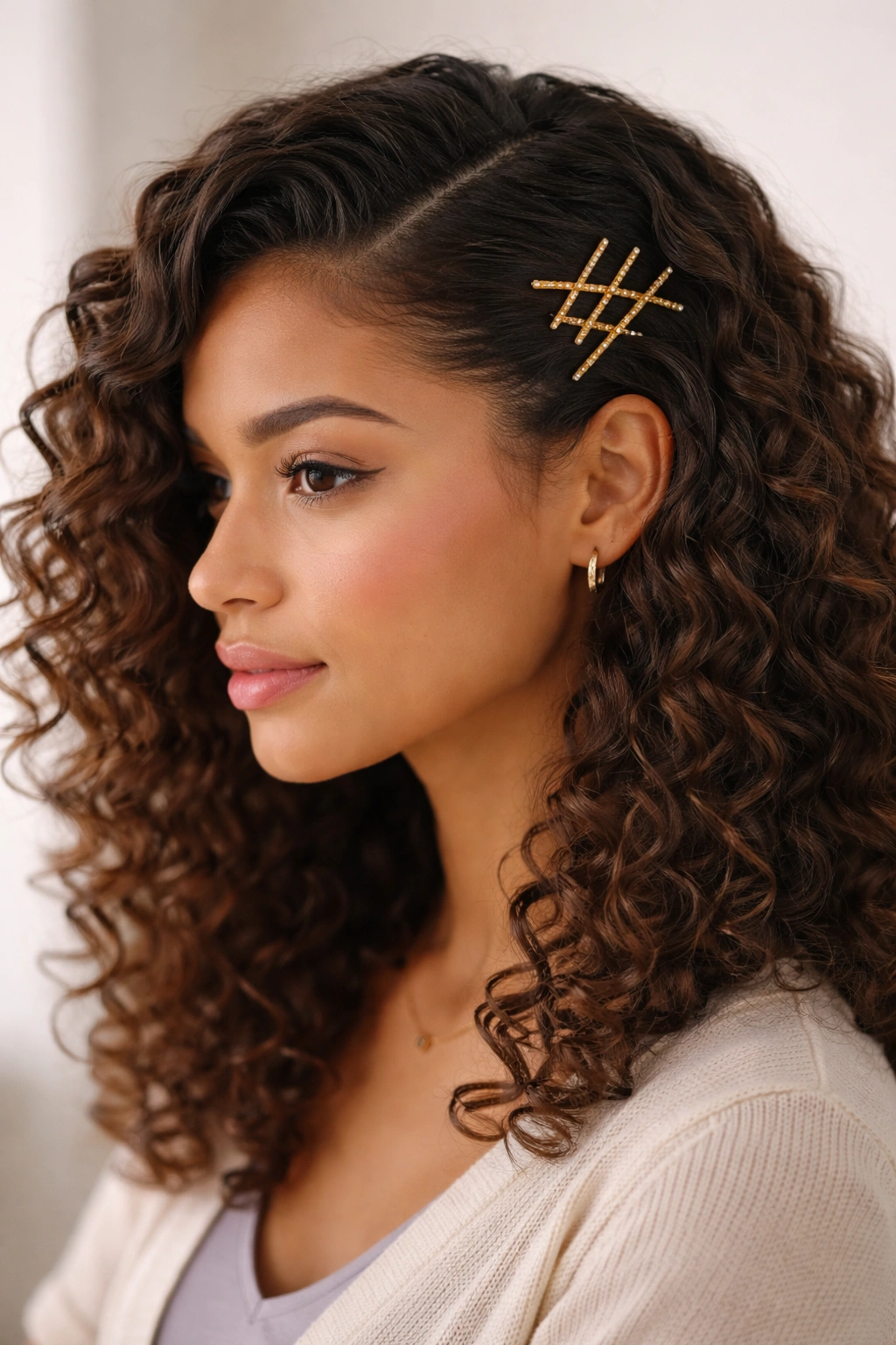 Deep side part with curls and a cluster of bobby pins above the ear