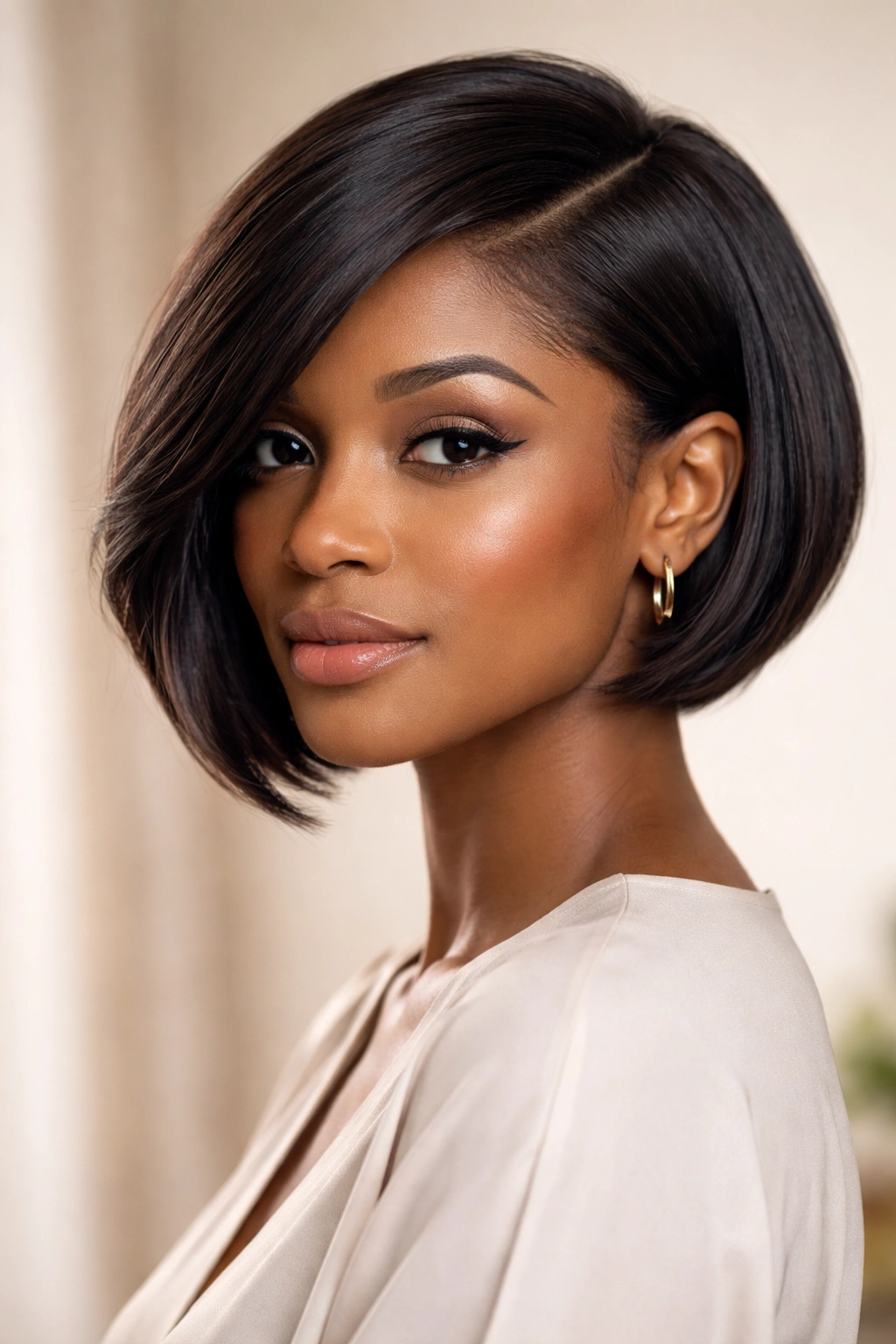 Three-quarter view of a sleek side-parted short bob with longer front