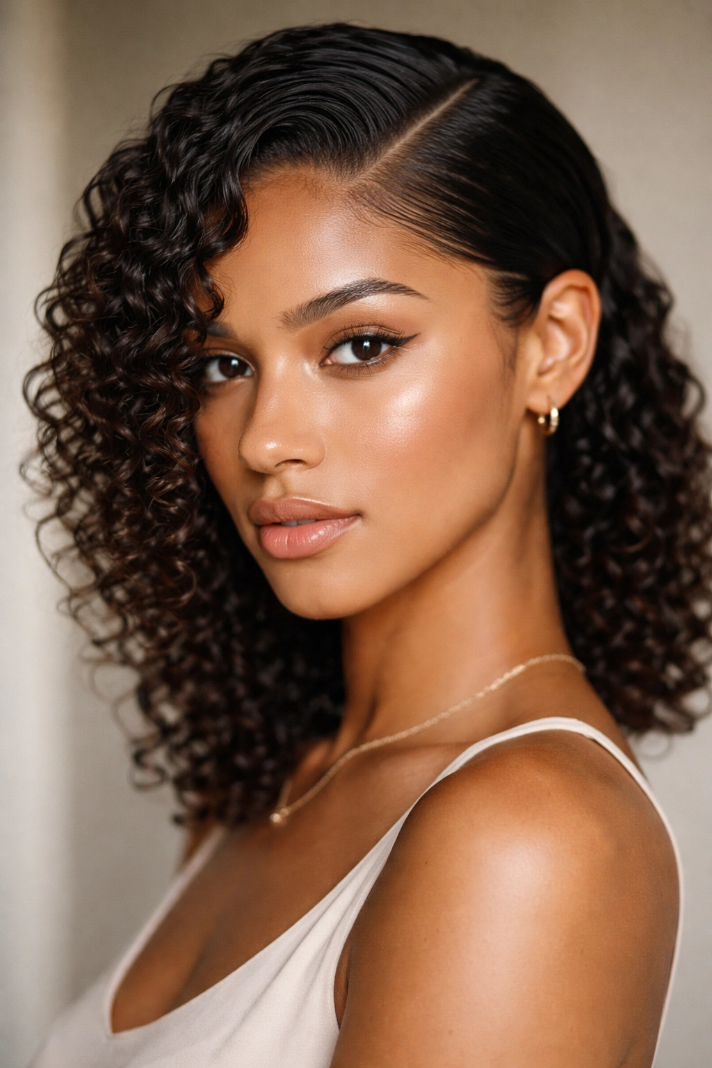 Dramatic side-part hairstyle with tucked sides on curly hair.