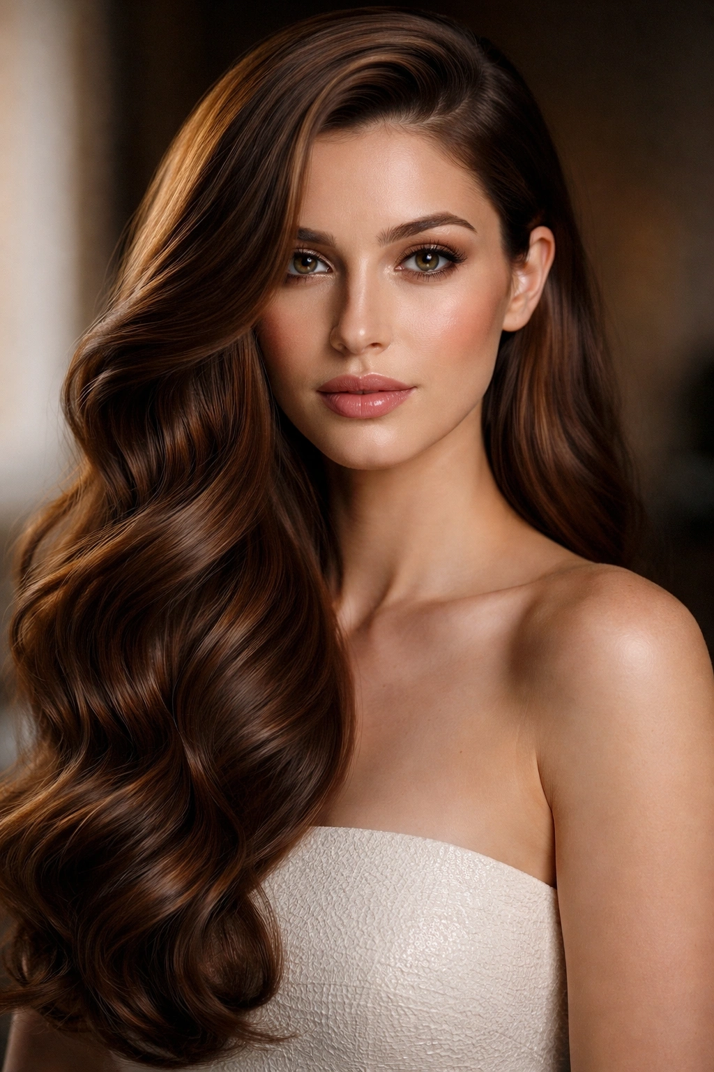 Chestnut long hair with deep side part and cascading waves.