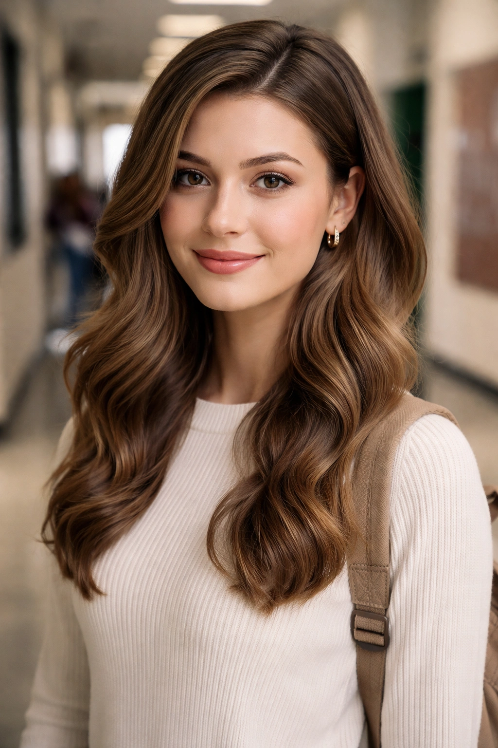 Side-parted soft waves framing the face in a school hallway