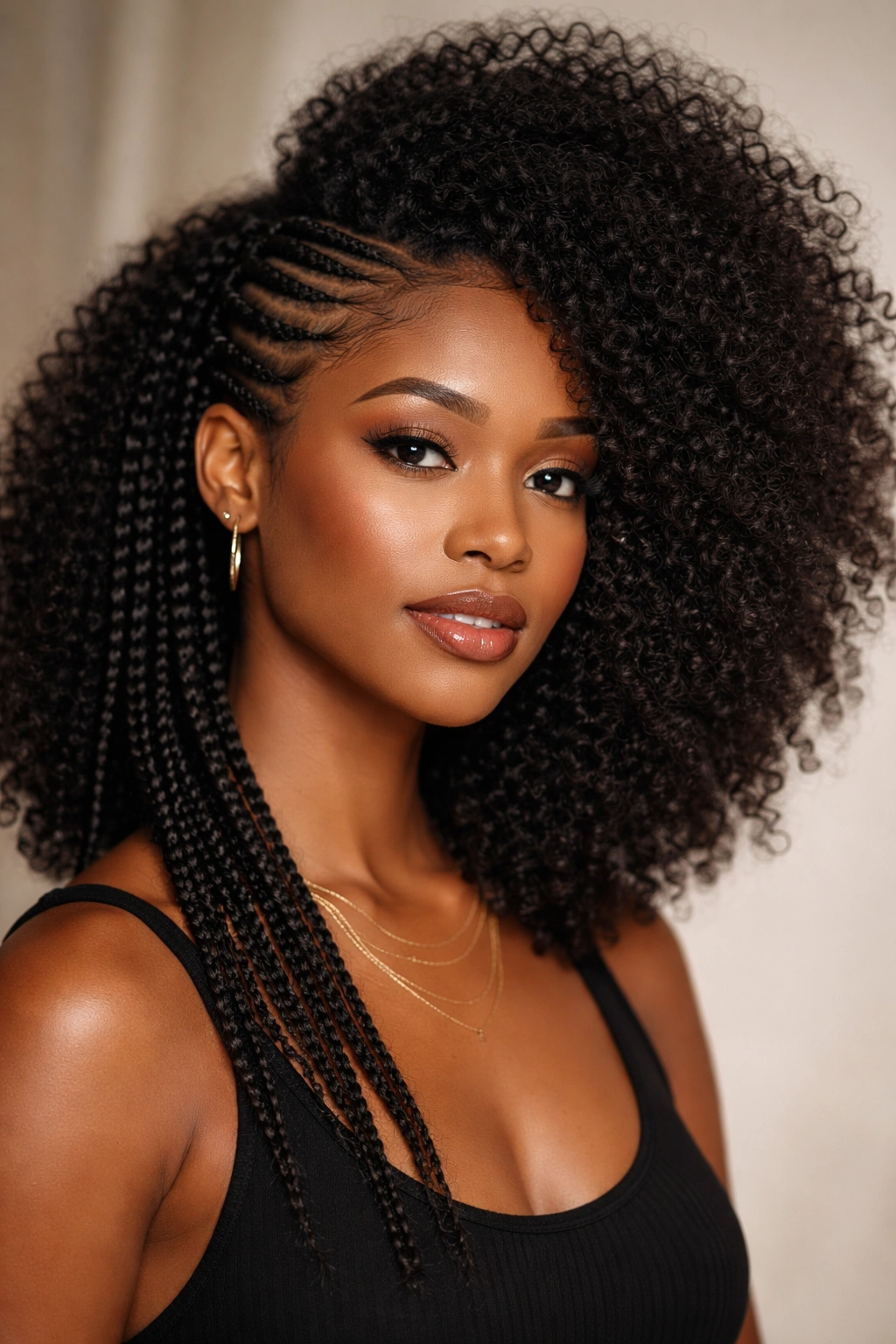 Side-parted braids with a voluminous afro on the opposite side.