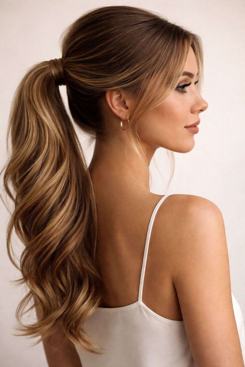 Side view of a long ponytail gathered to the side with smooth hair and gentle waves