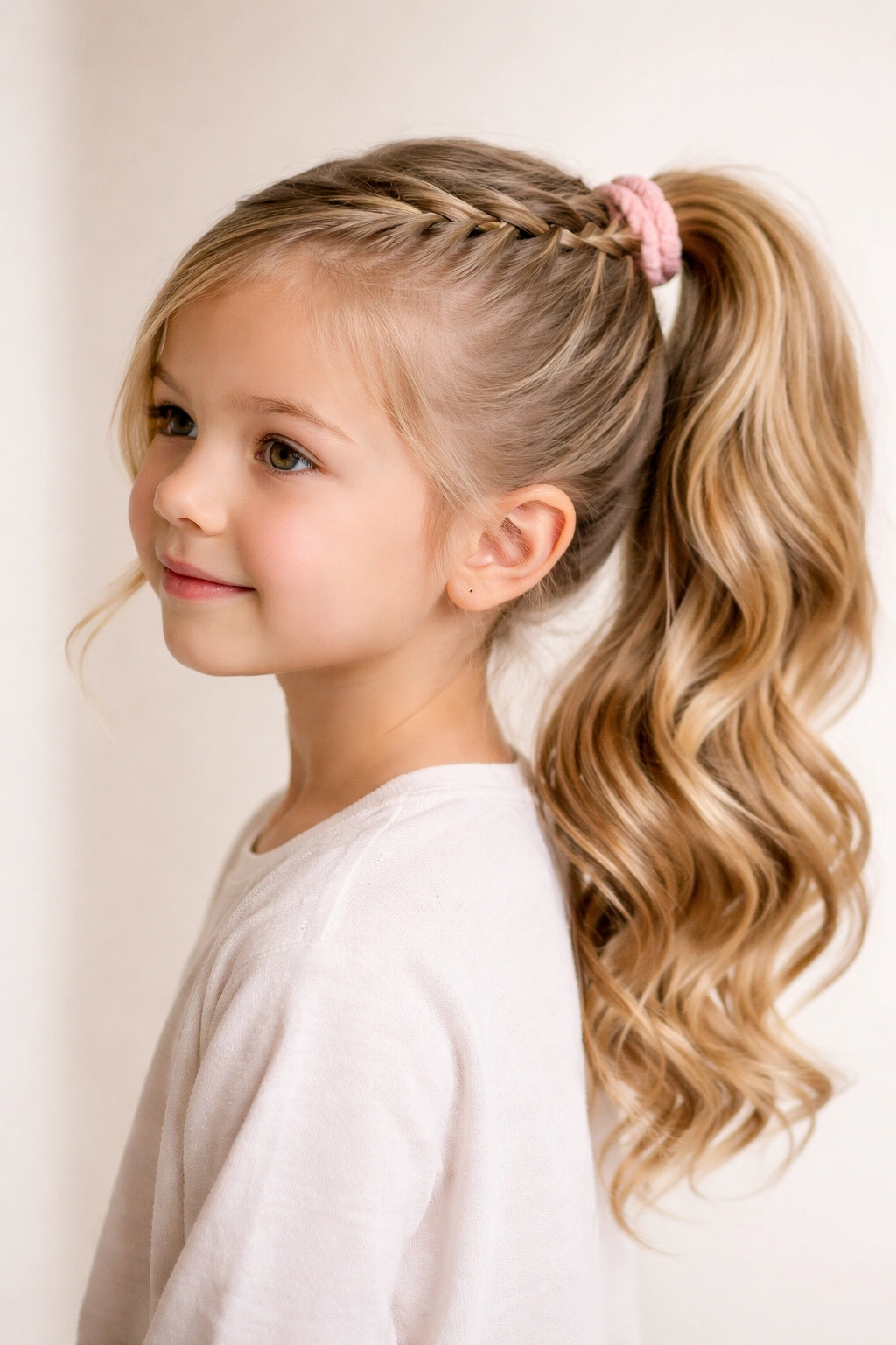 Close-up of a child's side ponytail with a braid along the head.