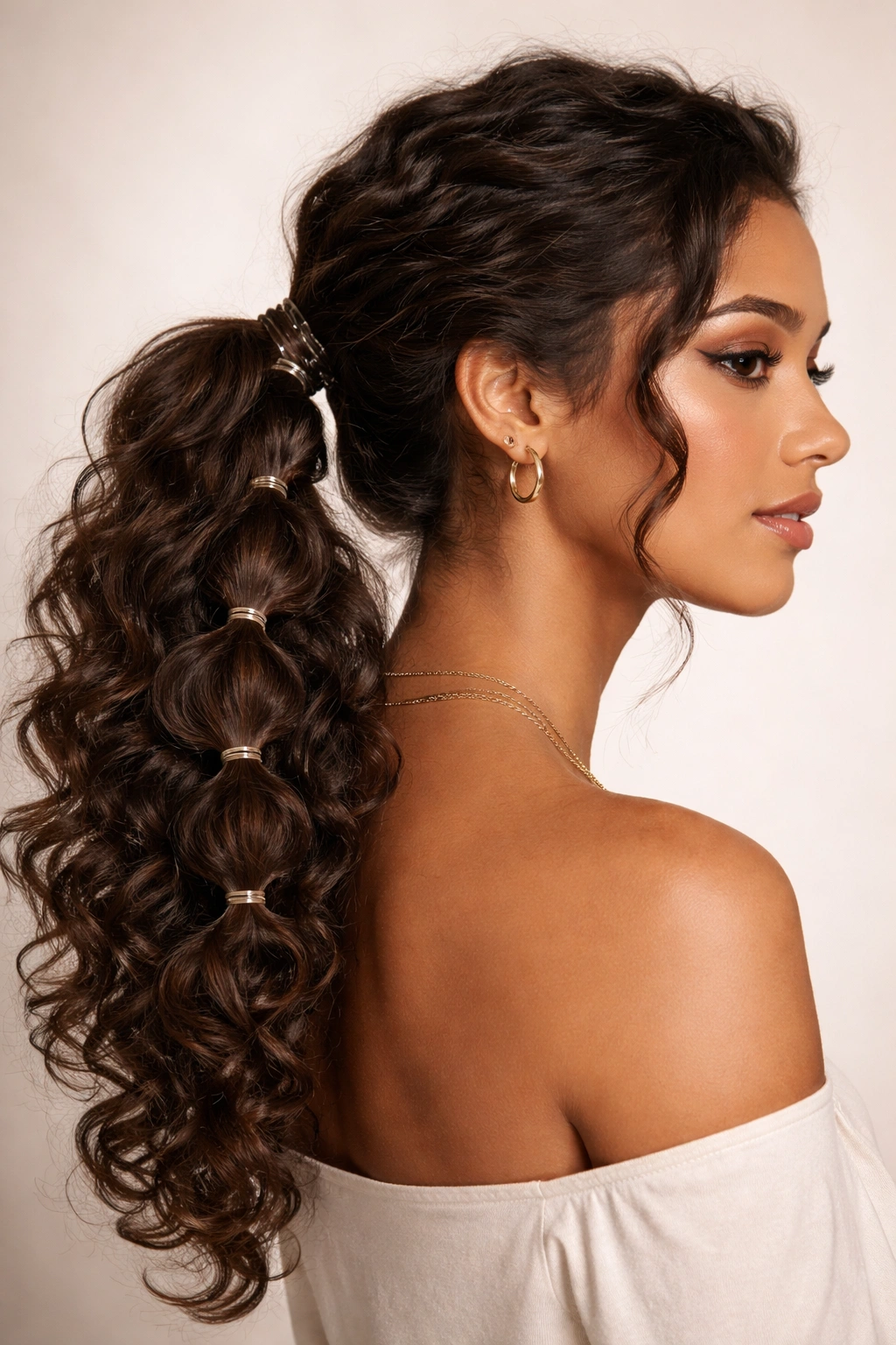 Side view of a ponytail with cascading curls and banded sections