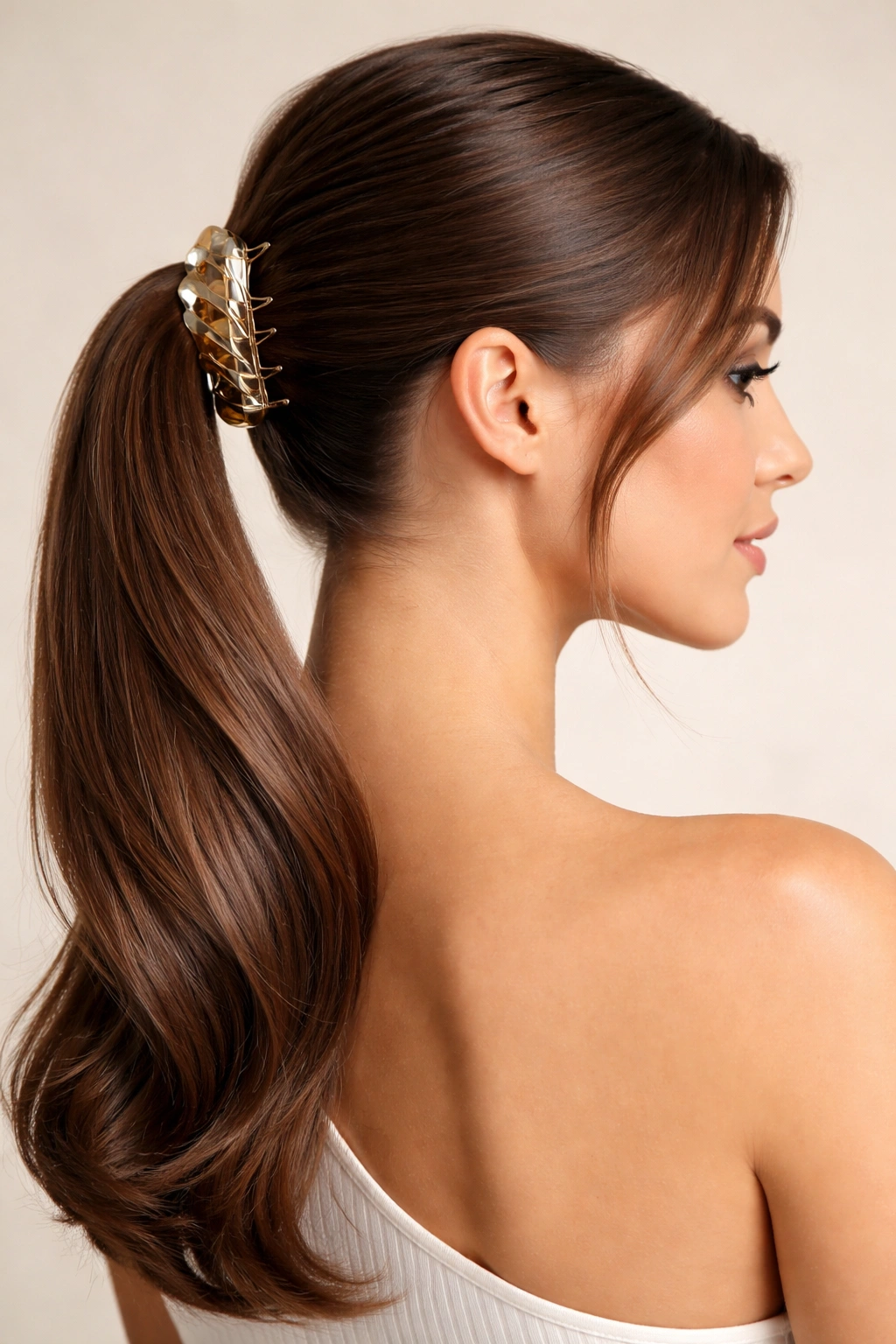Close-up of Sleek Side Ponytail with Clip showing glossy side-swept hairstyle secured by a forward-angled claw clip