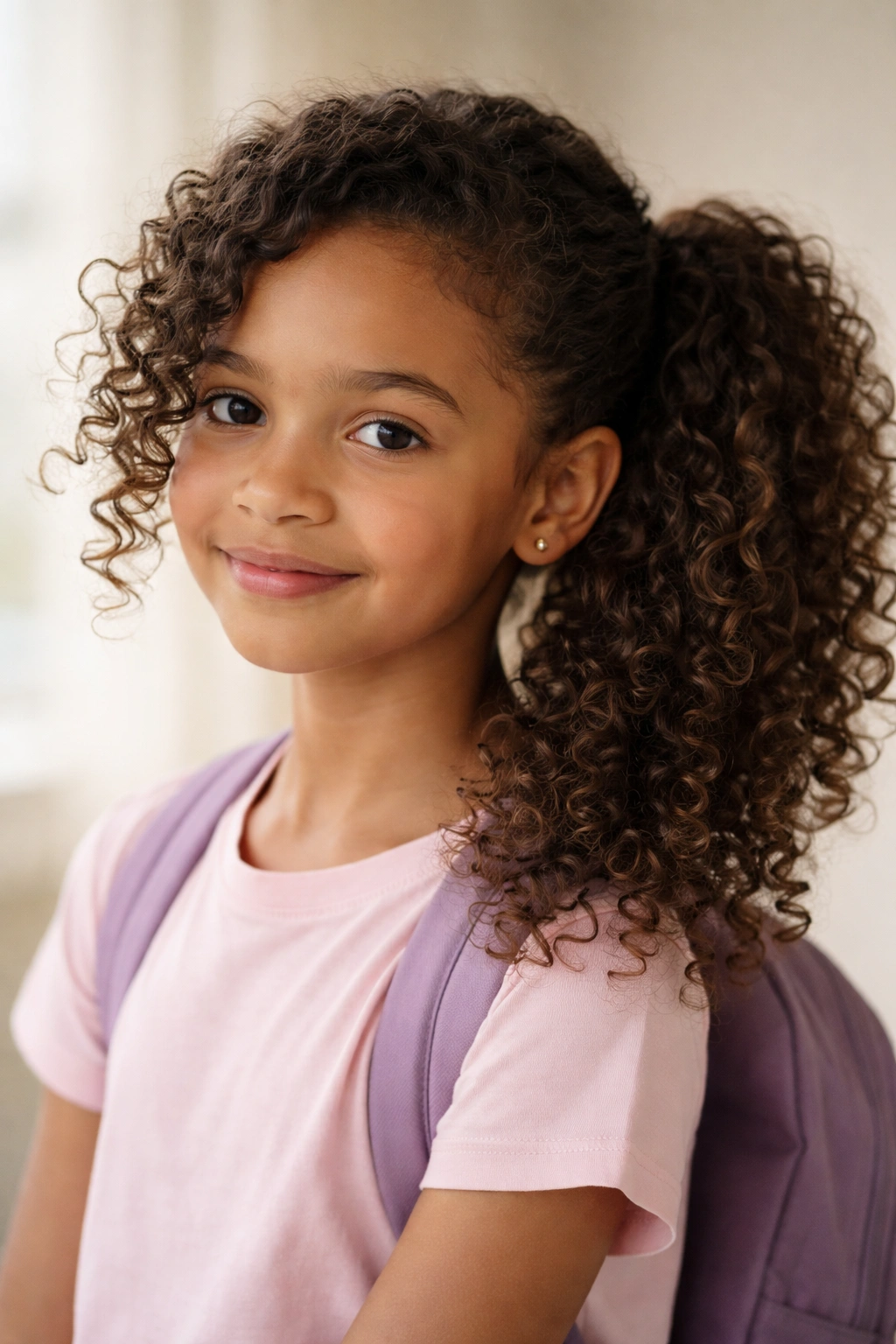 Side-swept curly ponytail with texture on a child's head, face softly framed.