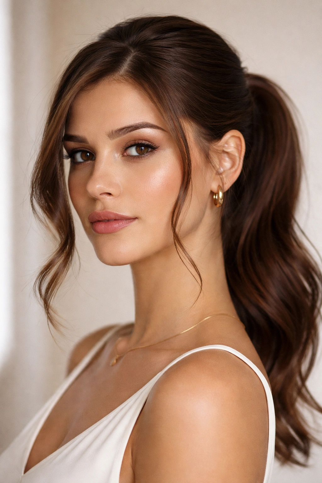 Close-up of a side-part ponytail with face-framing pieces framing the face