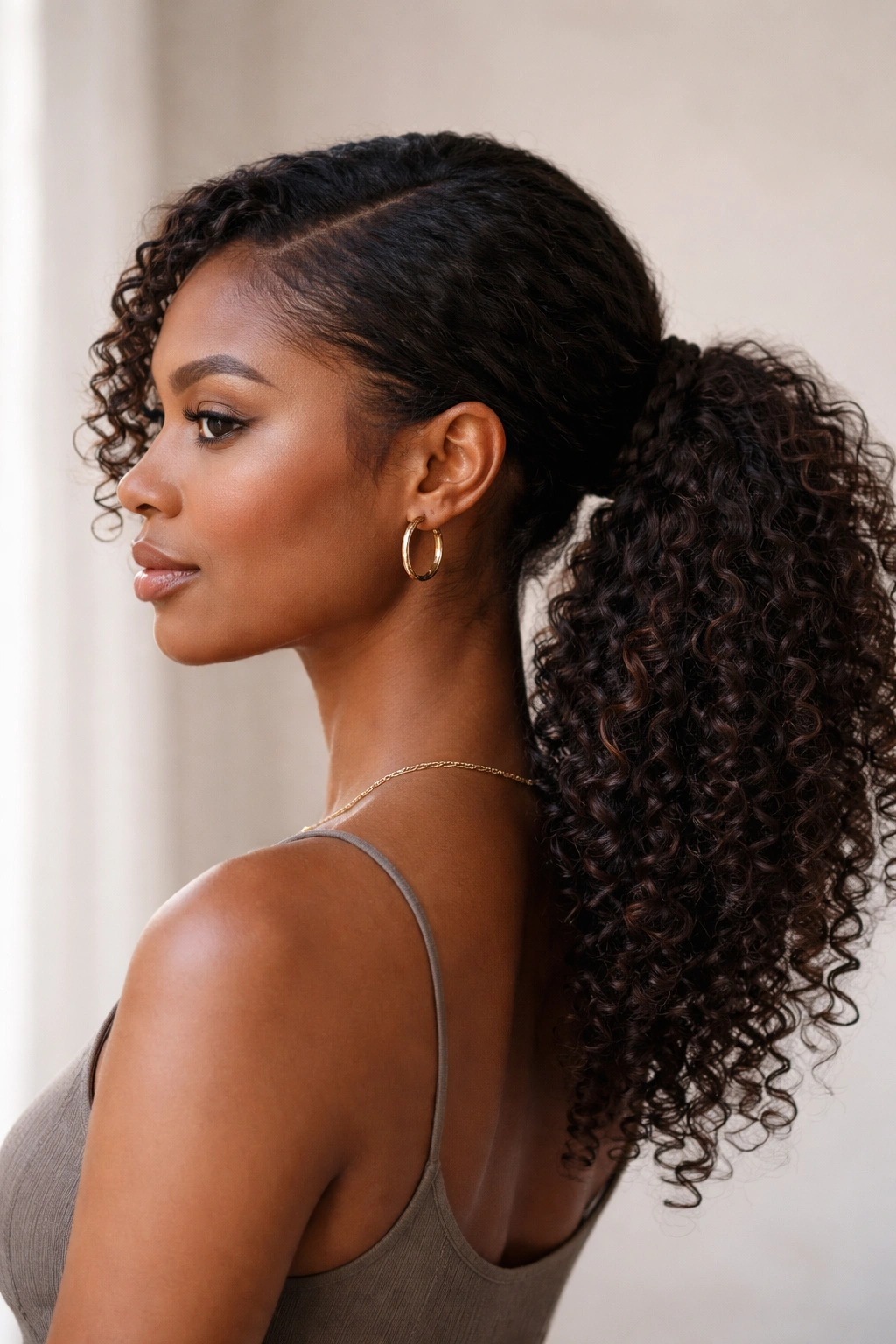Profile view of side ponytail with voluminous curls on natural hair