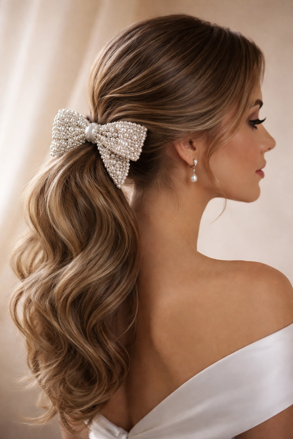 Side-swept ponytail with pearl-adorned bow