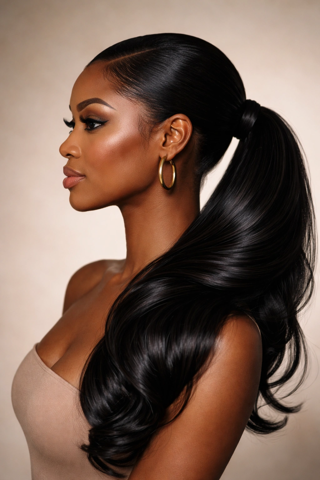 Side-swept ponytail gathered to one side at the nape.