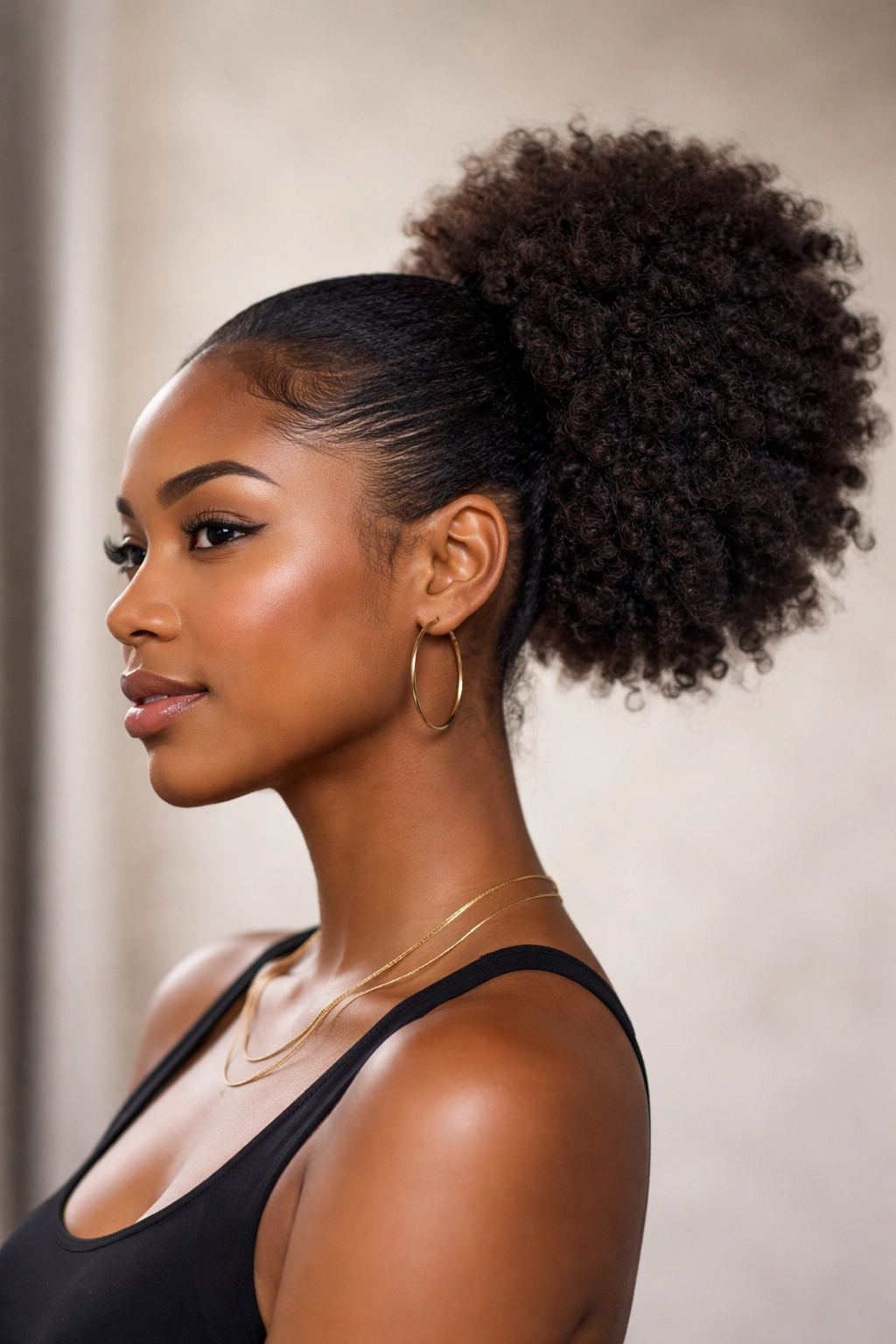 Side profile of a puff positioned on the side of the head