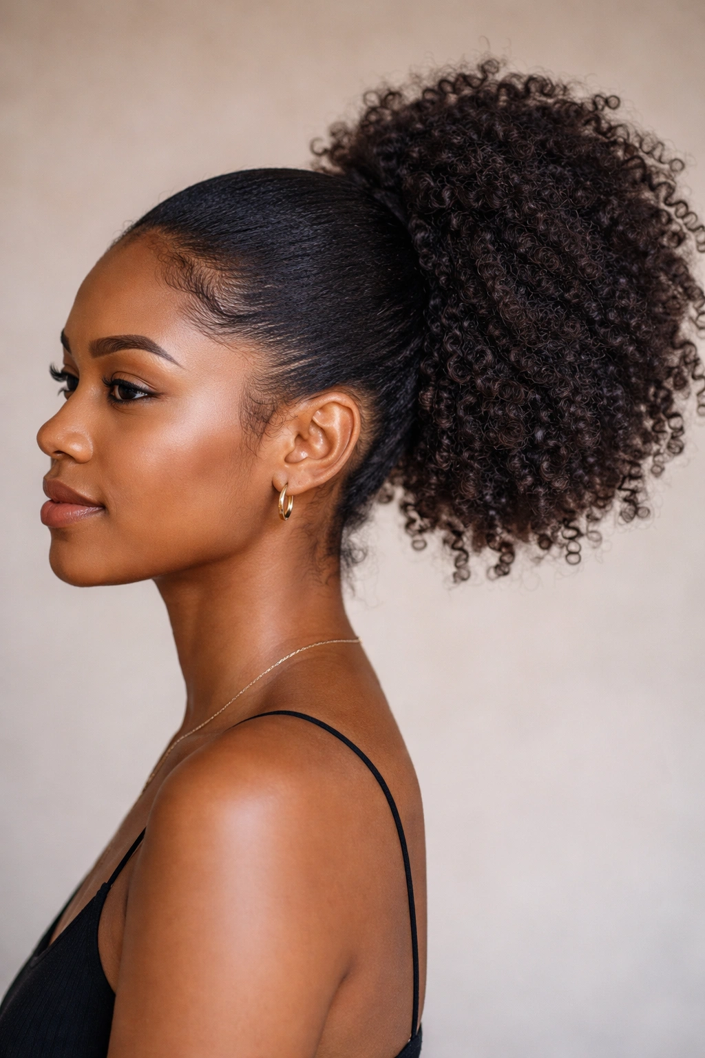 Side puff ponytail gathered to one side with visible curl volume