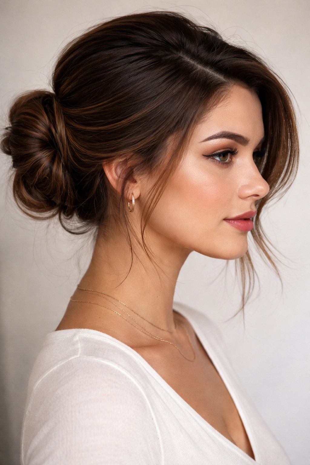 The Side Scoop Bun with a deep side part and a low-to-mid bun near the ear