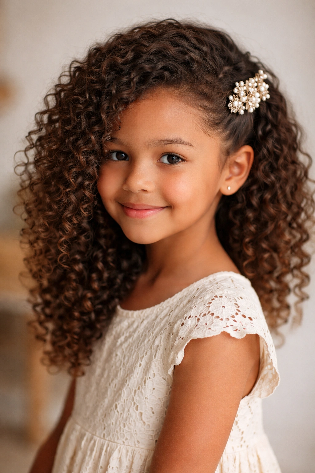 Side-swept curly hairstyle secured with a decorative clip