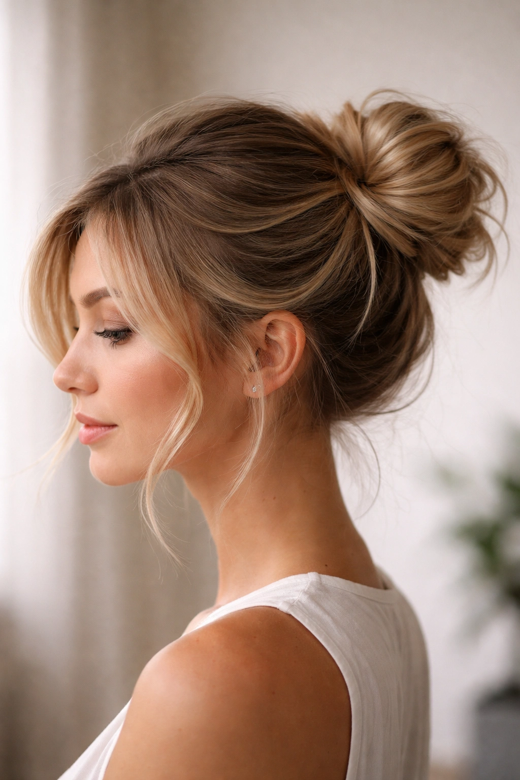 Close-up of a high, off-center side sweep bun with hair swept to one side