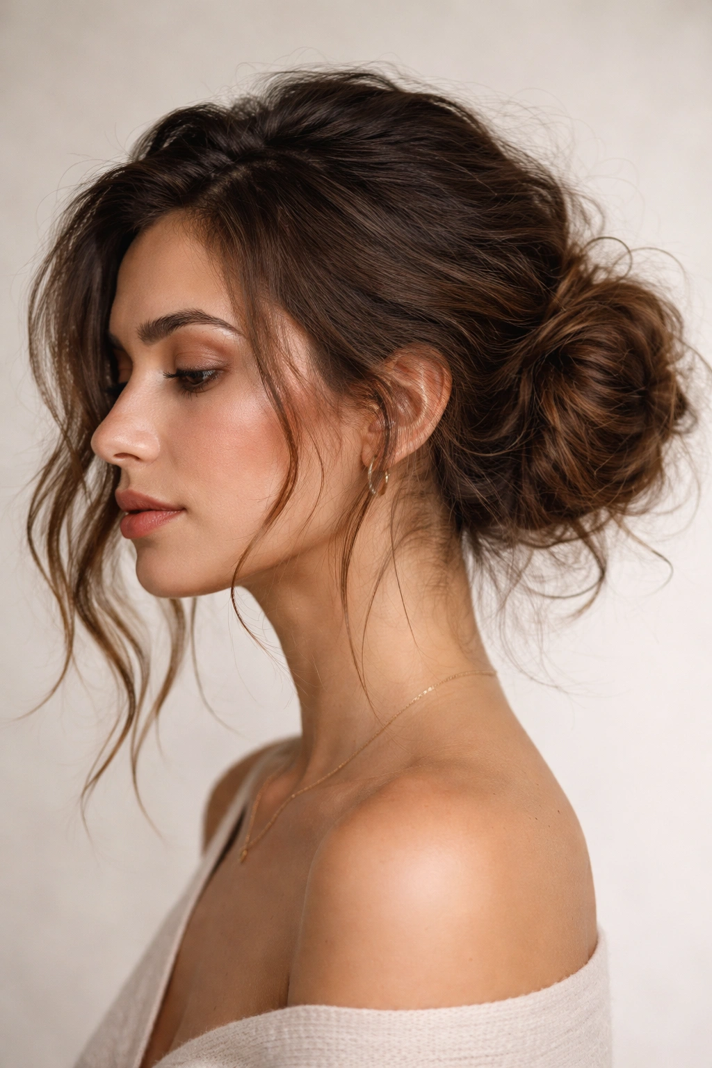 Side profile of an undone side sweep bun with thick hair