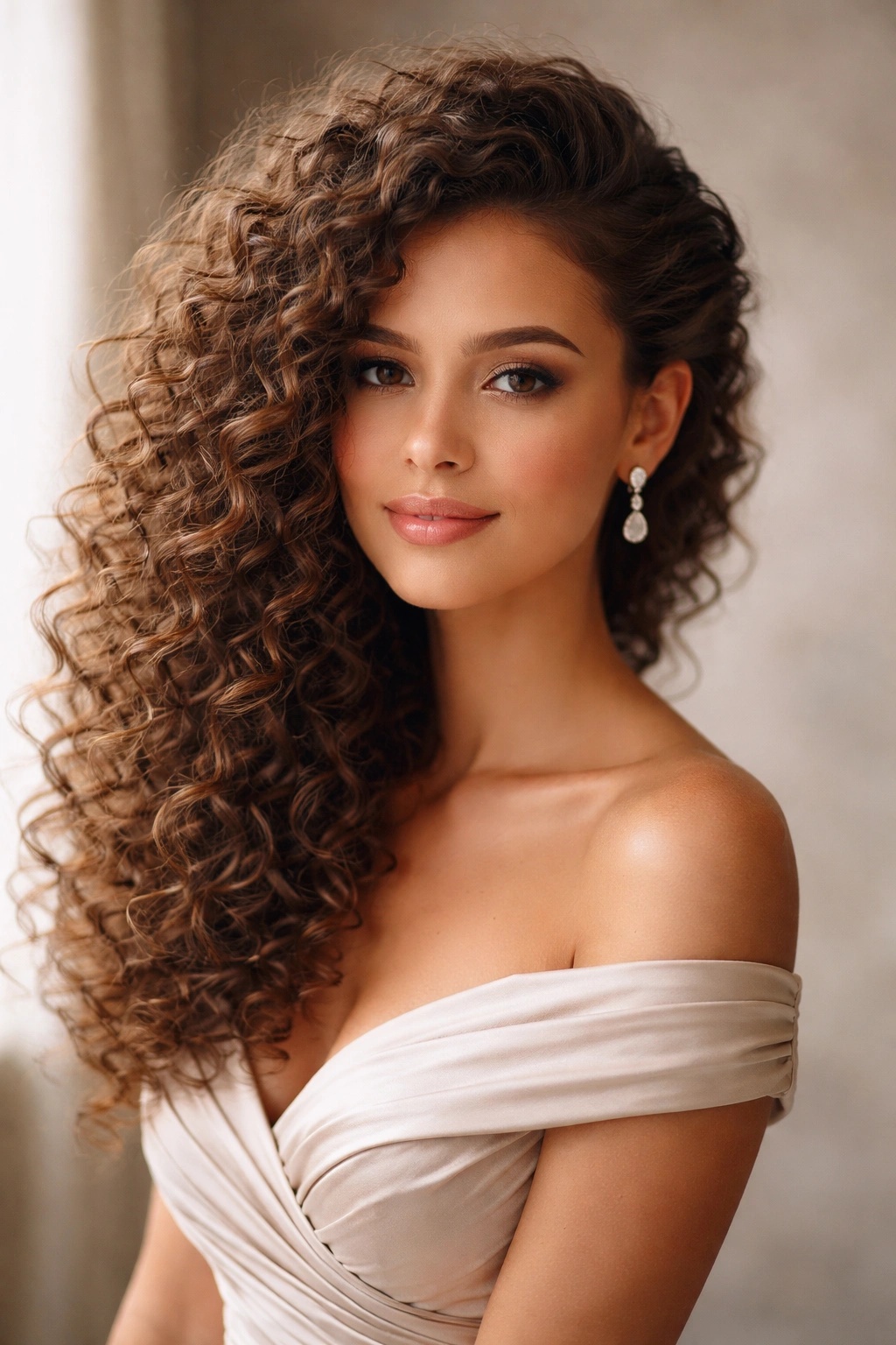Curl cascade draped over one shoulder in a soft side sweep hairstyle