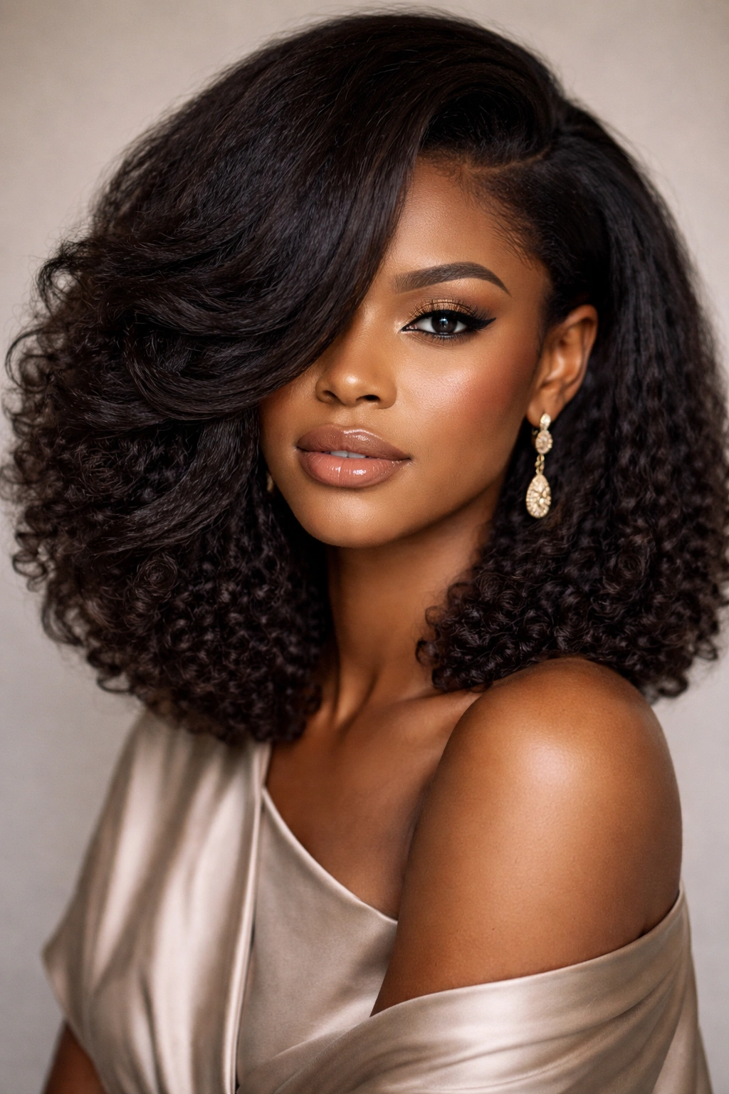 Long side-swept afro bob with deep part and dramatic diagonal sweep