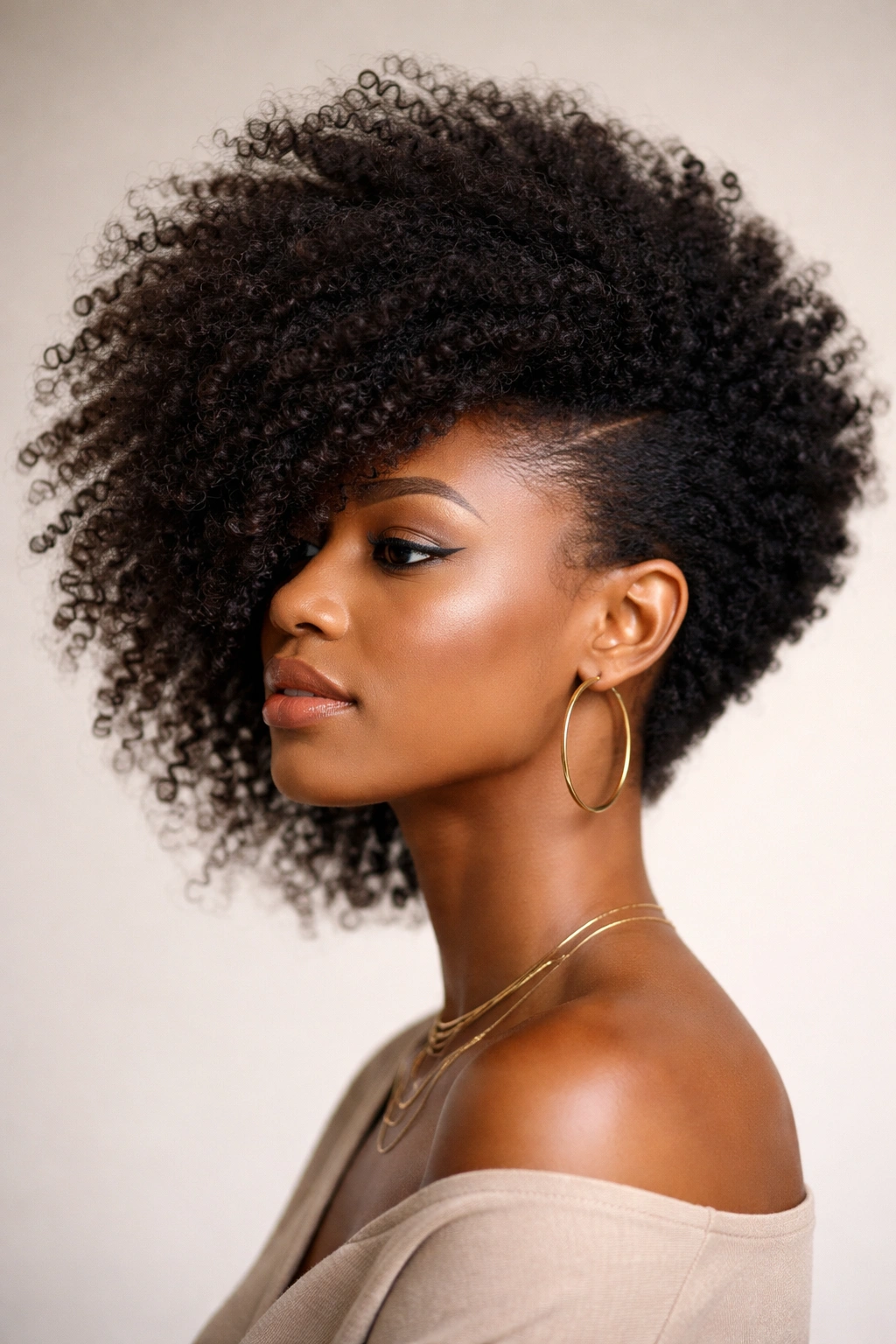 Side-swept afro profile with asymmetrical volume