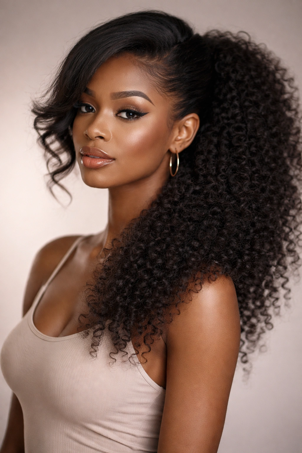 Profile view of a Black woman with a side-swept Afro Pony cascading over the shoulder
