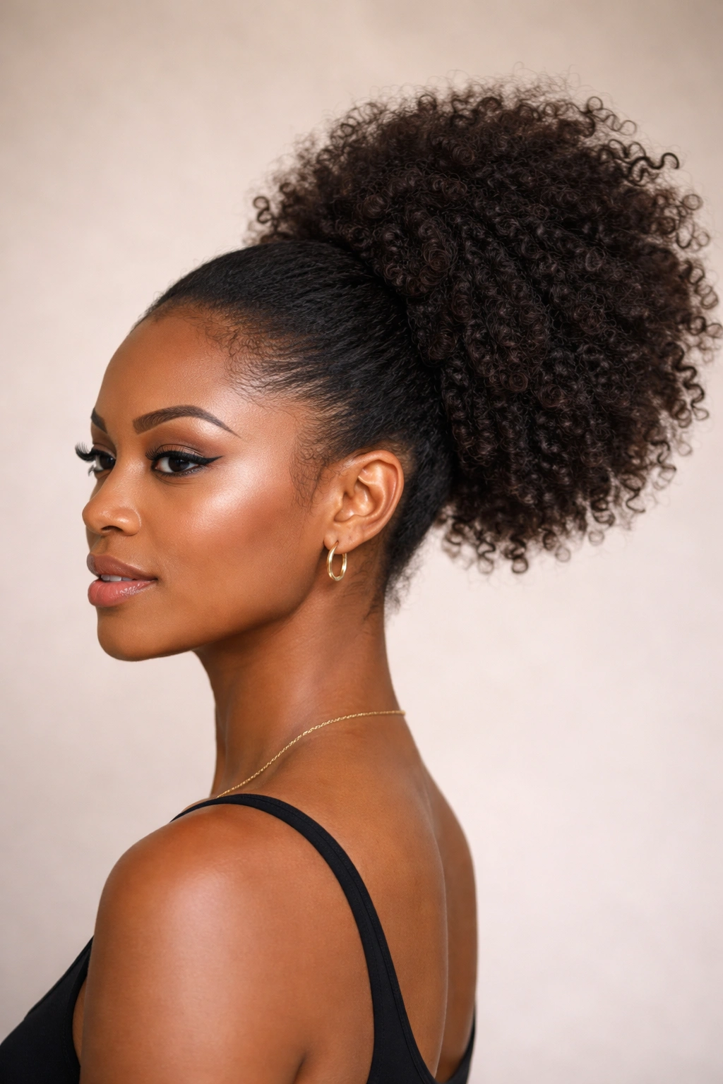 Afro puff gathered to the side of the head in an asymmetrical silhouette