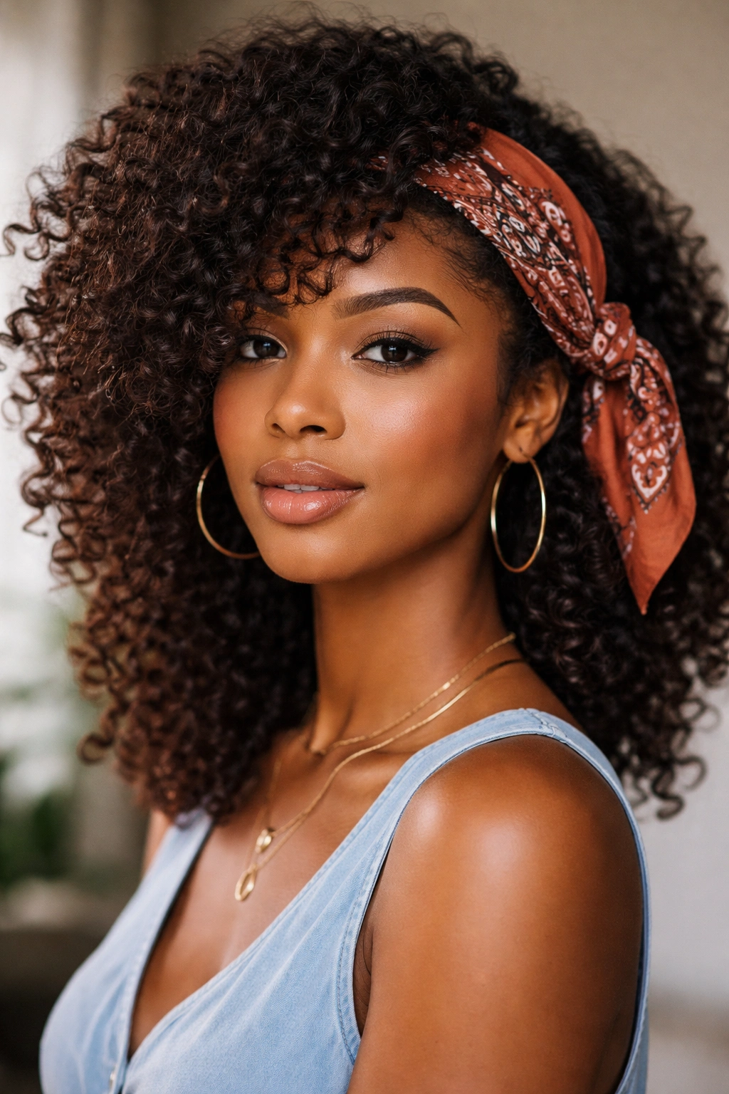 Portrait of a person with a side-swept bandana tie showing front fringe and visible curls