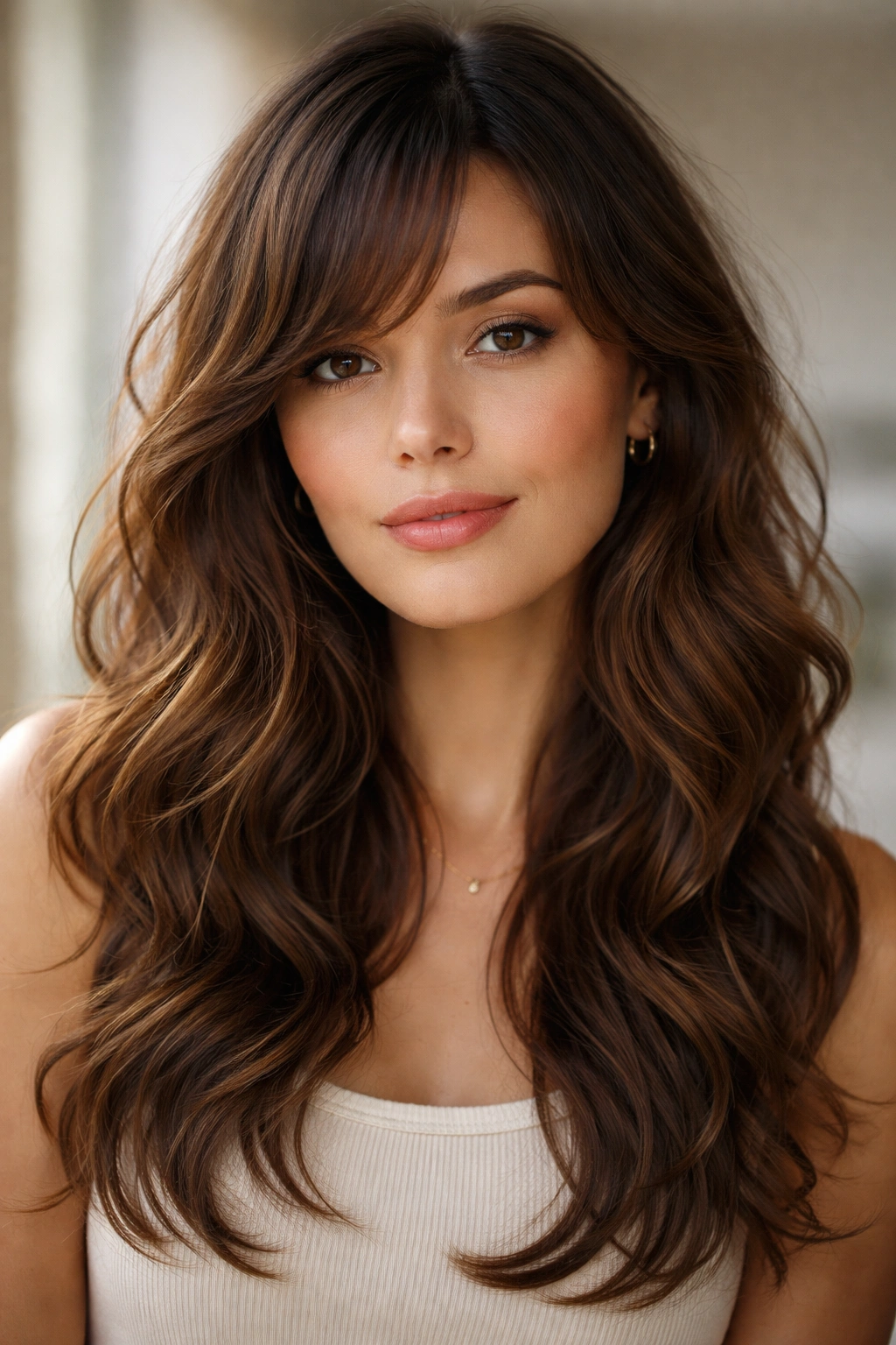 Side-swept bangs blending into layered hair