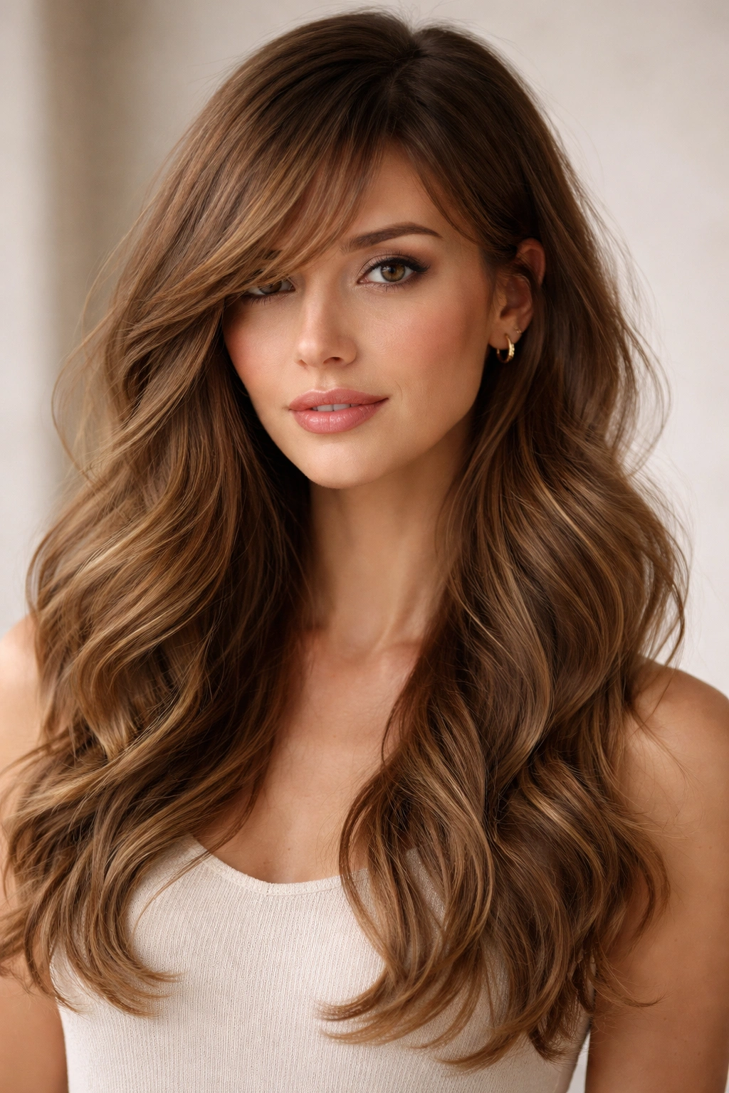 Side-swept bangs with loose waves framing the face