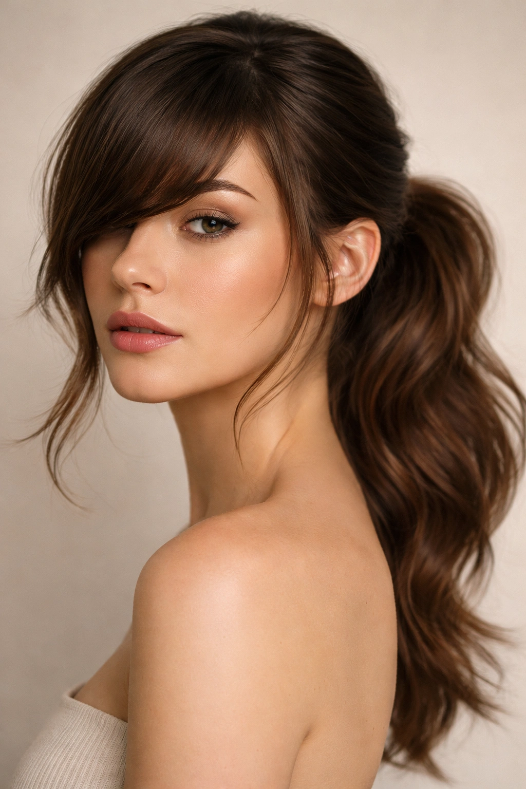 Front-quarter view of side-swept heavy bangs with a textured low pony.