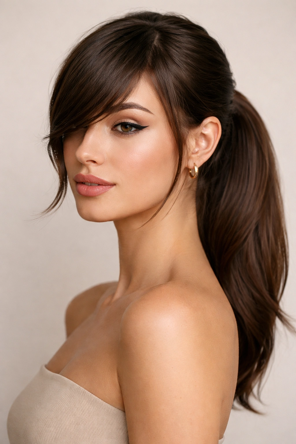 Portrait with side-swept bangs and low sleek pony.