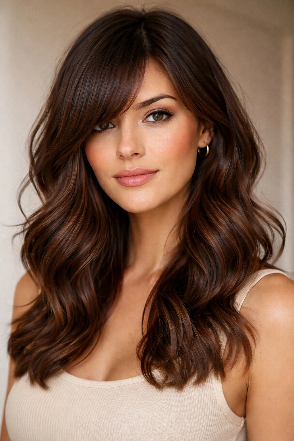 Medium-length waves with side-swept bangs in brown hair
