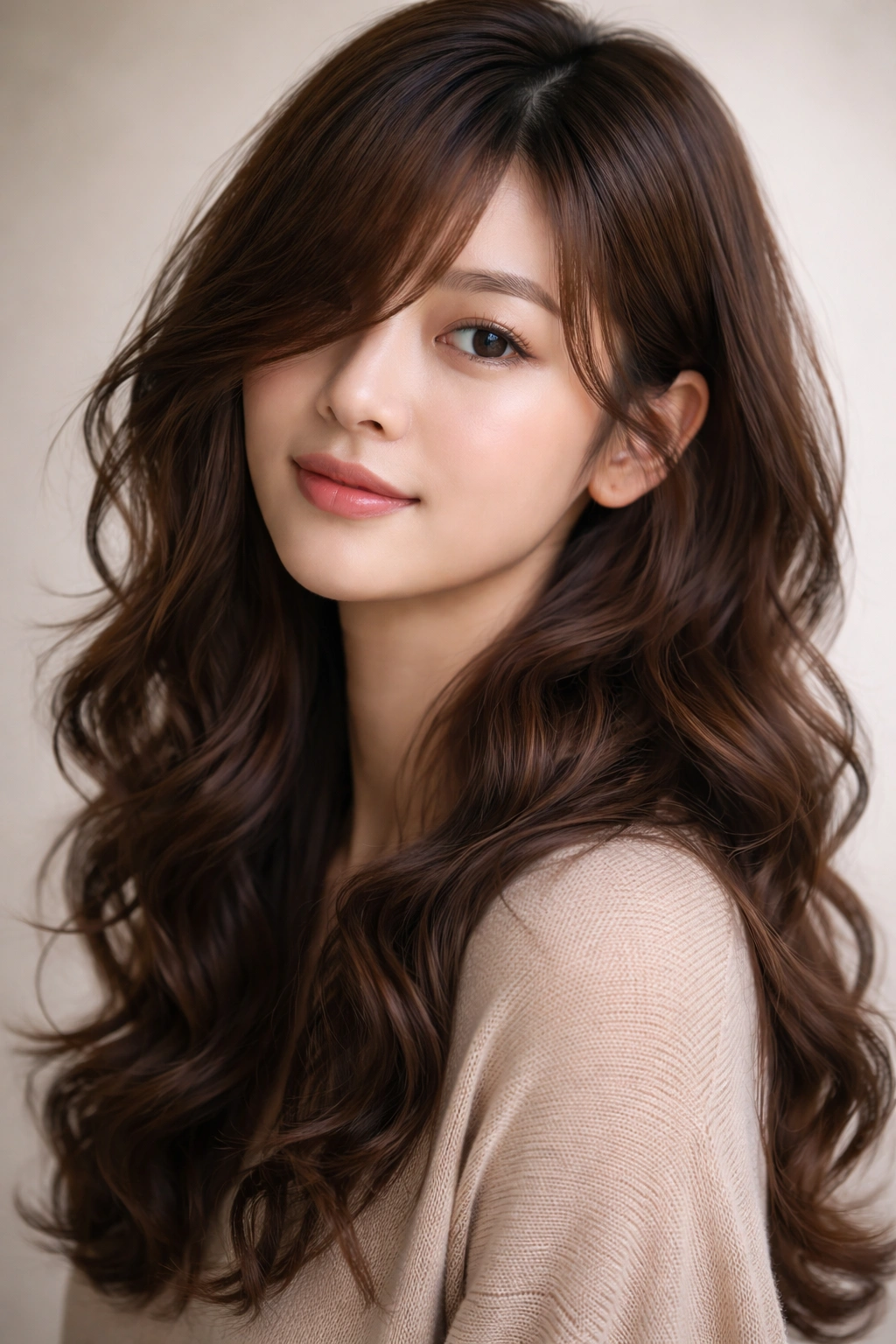 Three-quarter view of side-swept bangs with perm waves.