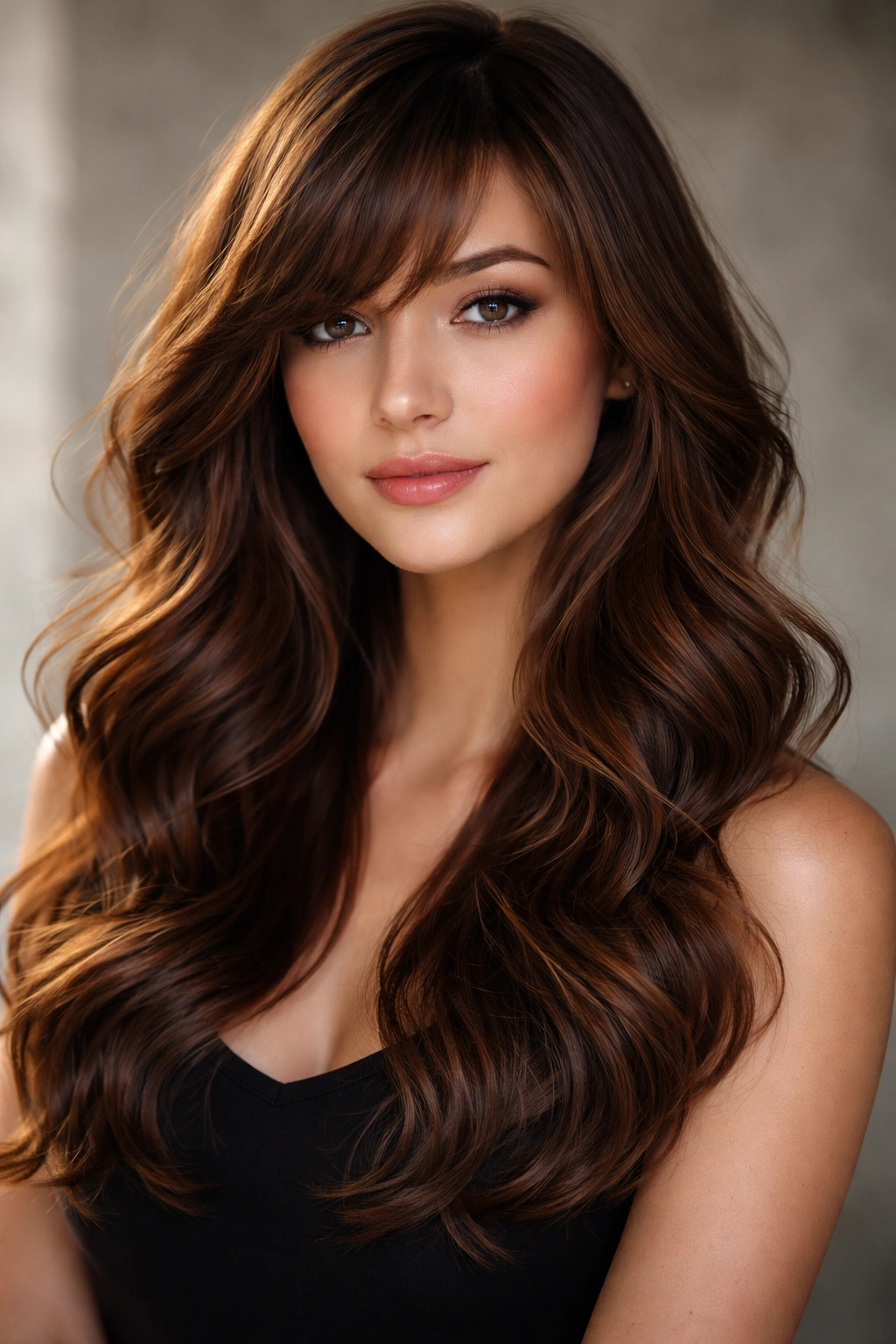 Three-quarter view of side-swept bangs with soft waves on brown hair.