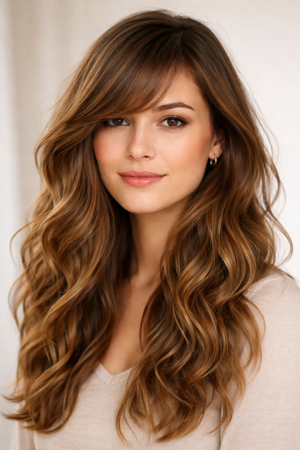 Side-swept bangs blending into natural waves along the temple