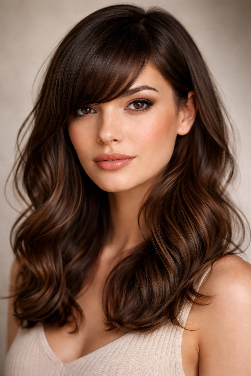 Close-up of side-swept blunt bangs on medium-length wavy hair