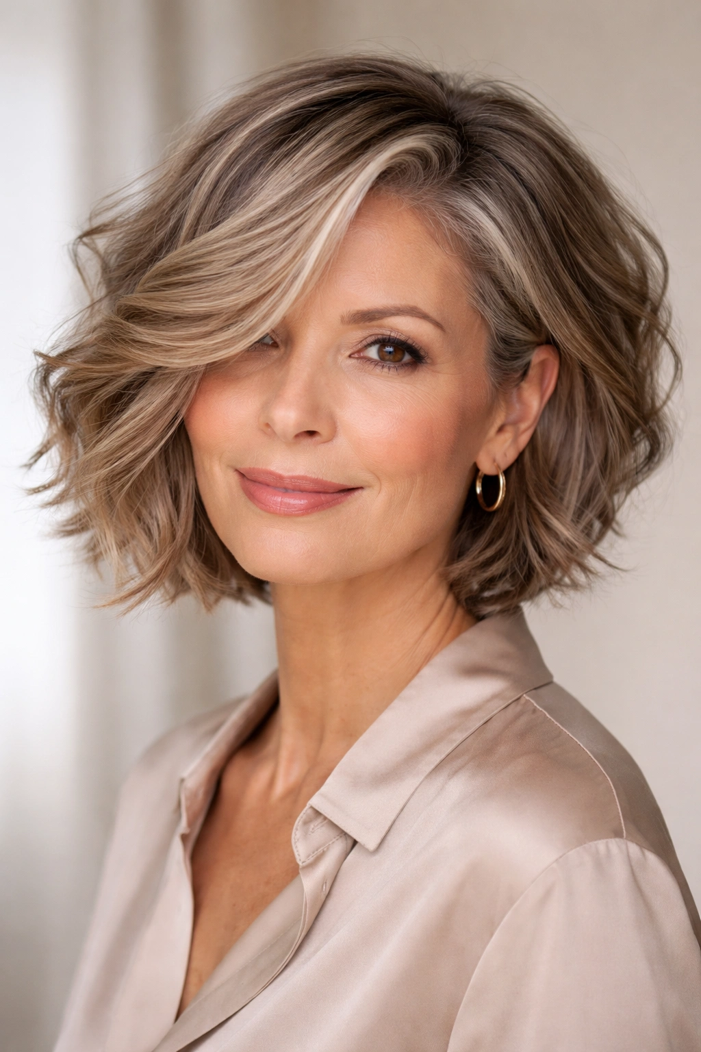Asymmetrical side-swept wavy bob with longer swept side