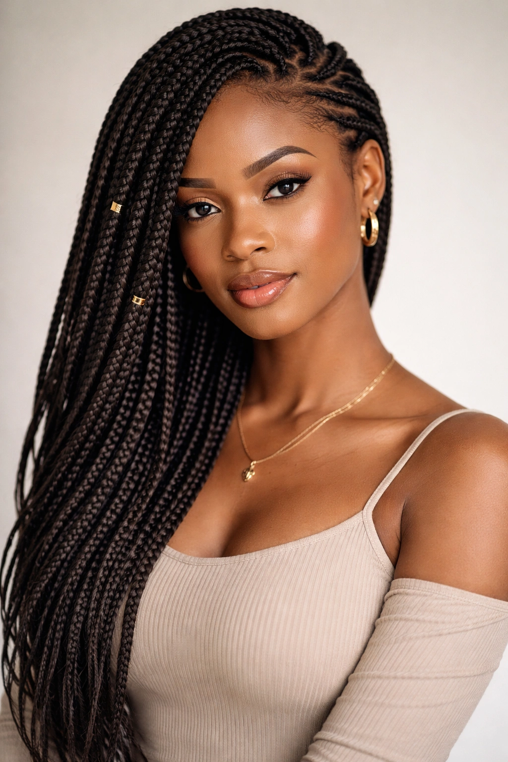 Close-up of side-swept box braids cascading over the shoulder