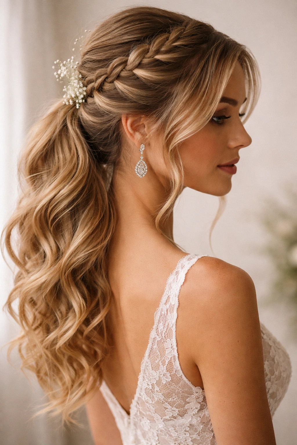 Side-swept braided ponytail with diagonal Dutch braid from temple, bohemian wedding look.