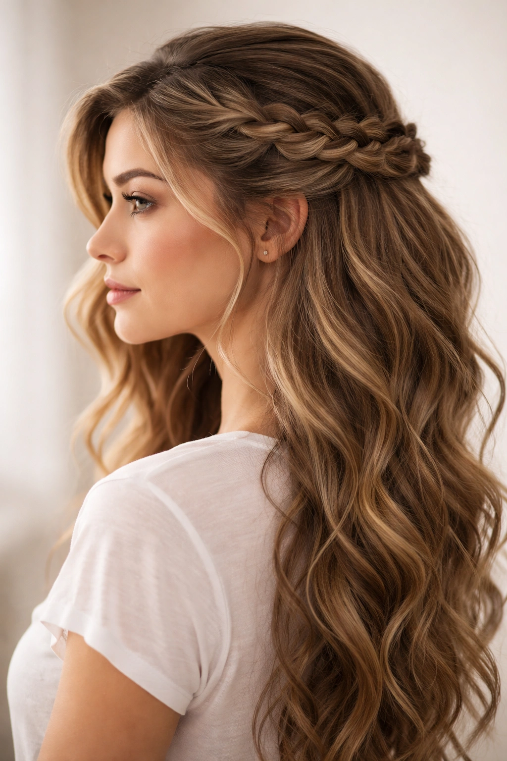 Side-swept braided half-up hairstyle on wavy hair